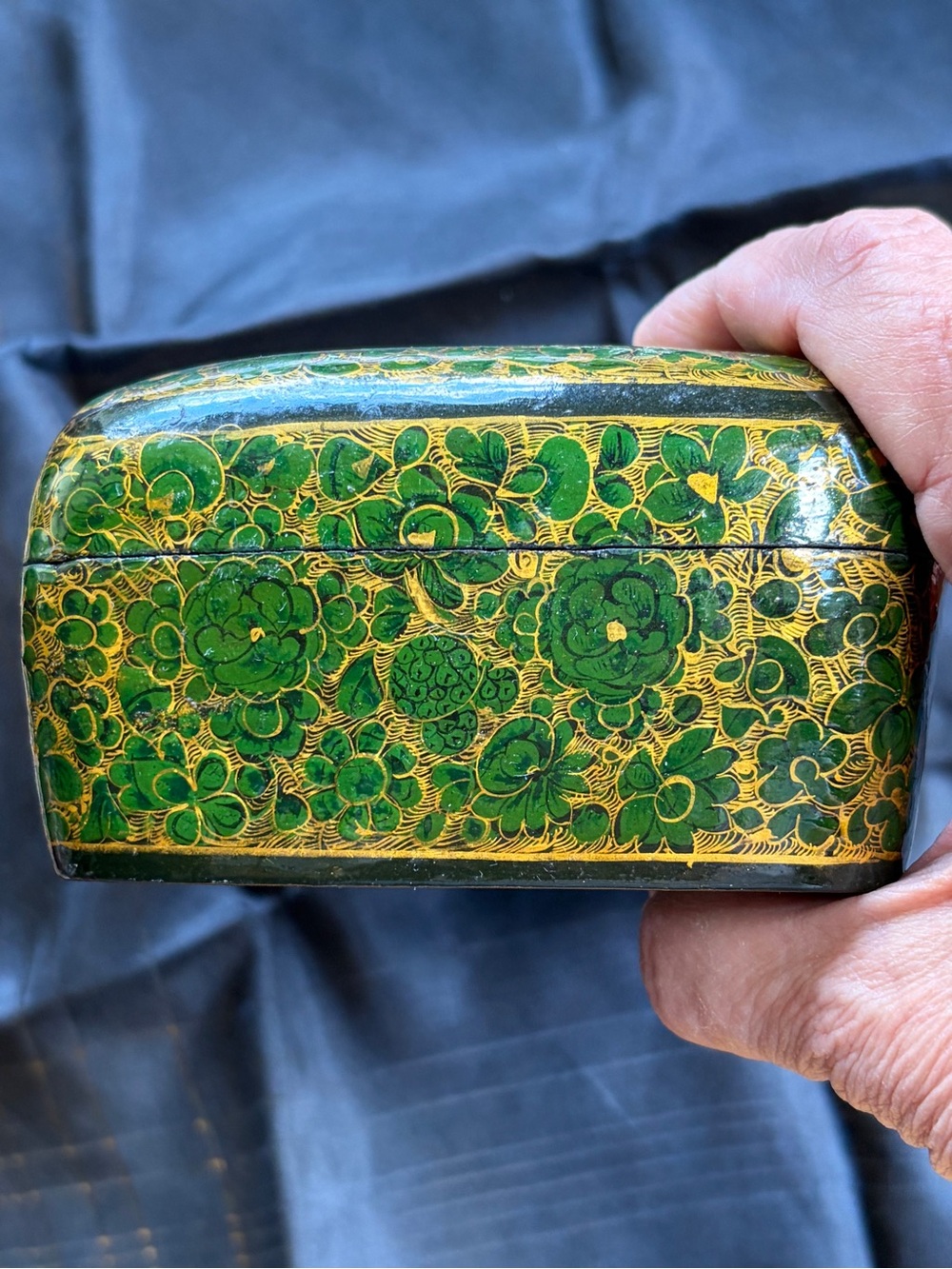 Vintage Green Gold Lacquer Floral Trinket Box Keepsake Jewelry Storage Decor - Picture 7 of 7